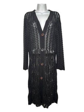 Lafayette 148 Open-Knit Cotton-Blend Duster Cardigan Black Longline Sweater Med